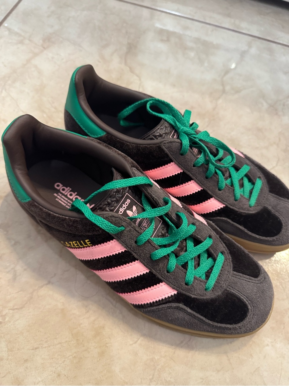 adidas Gazelle Women’s Brown Sneakers with Pink Stripes and Green Accents - Picture 4 of 8